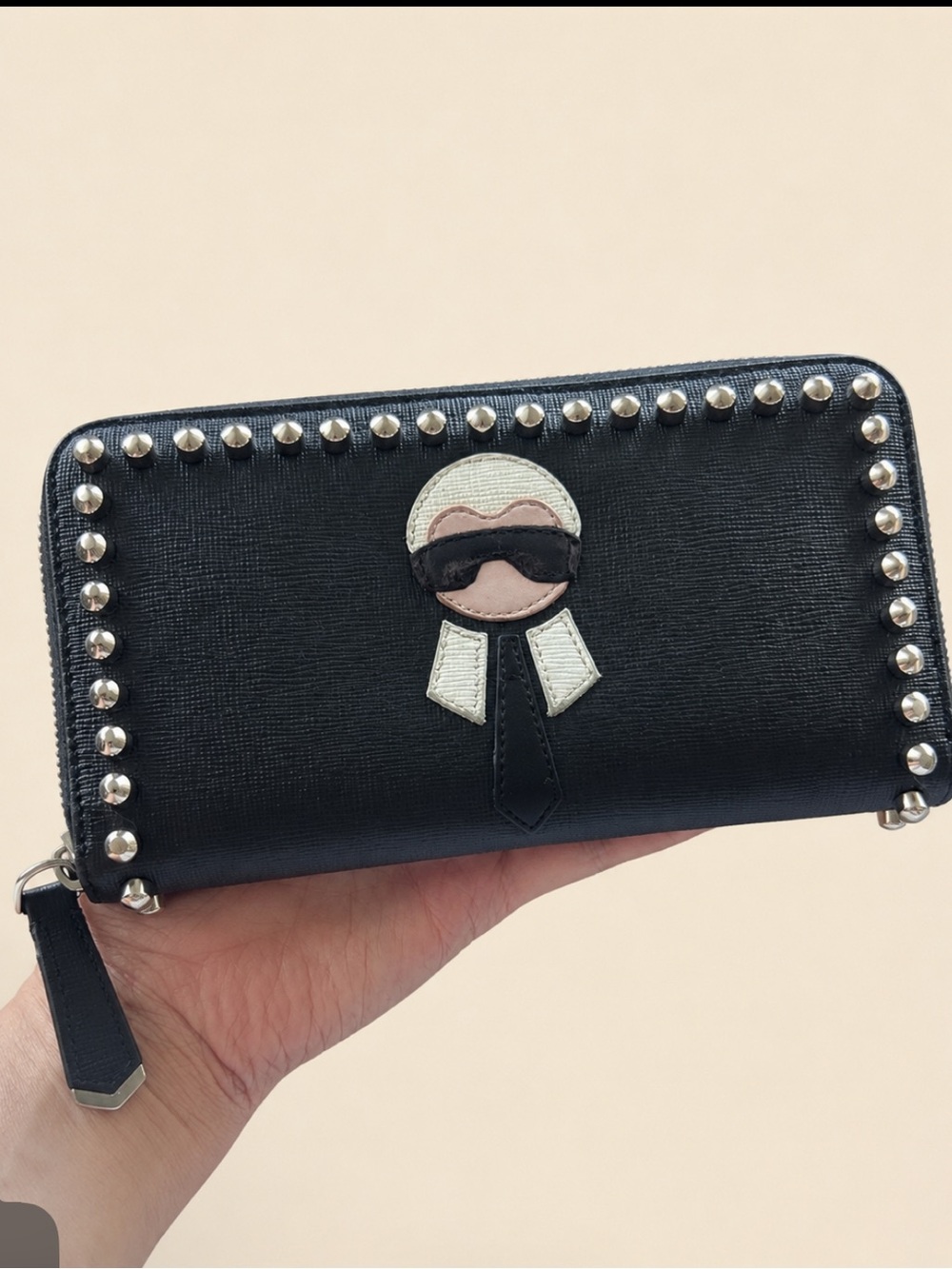 FENDI RARE KARLITO Studded Black Zip Wallet